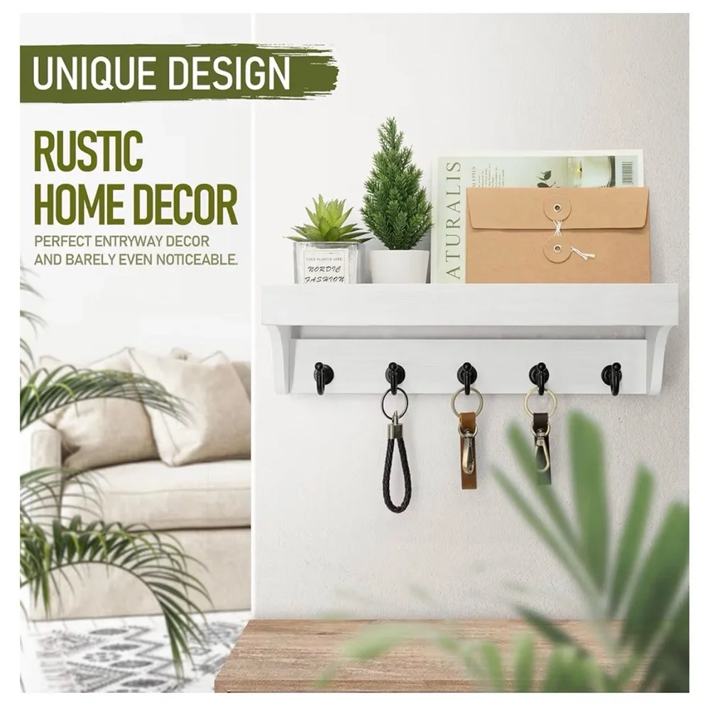 Key and Mail Holder for Wall with Floating Shelf : Decorative Hanging Organizer - Picture 5 of 10